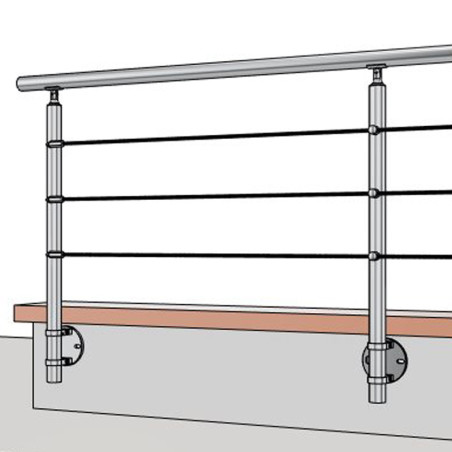 Vue 3D du garde corps avec poteau de départ garde corps muret 3 câbles à l'anglaise avec tendeurs - inox 316
