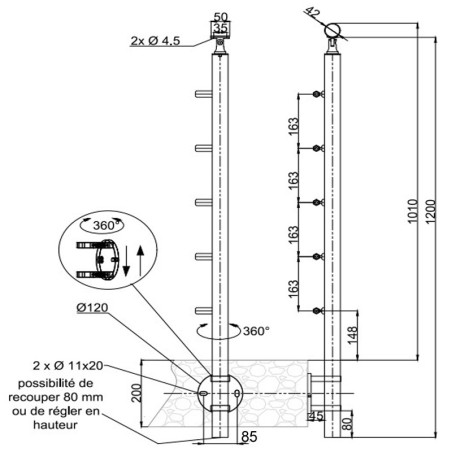 Plan coté 2 du poteau de départ garde corps à cables en inox 304 à l'anglaise, 5 cables