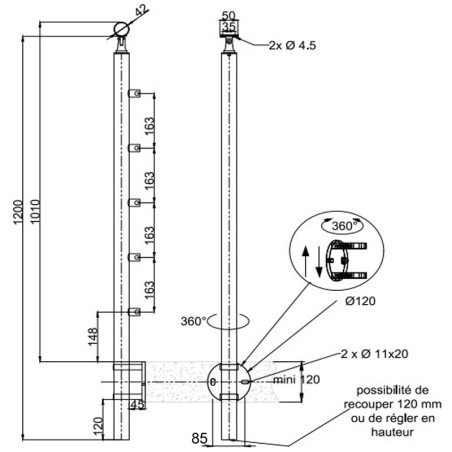 Plan coté 1 du poteau de garde corps inox à 5 barres à l'anglaise déport du mur 45 mm, platine à colliers