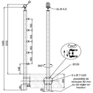 Poteau de garde corps inox à 5 barres à l'anglaise déport du mur 45 mm, platine à colliers Poteau de garde corps inox à 5 barres à l'anglaise déport du mur 45 mm, platine à colliers