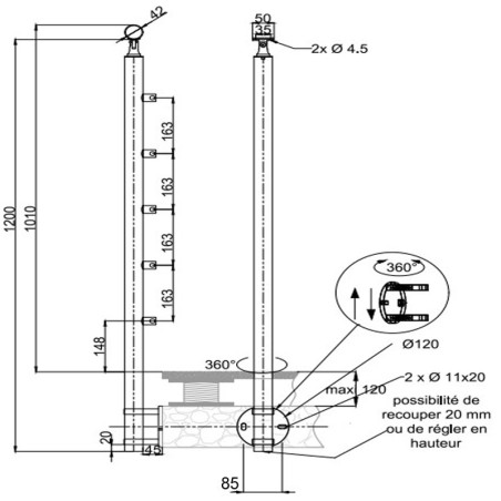 Plan coté 3 du poteau de garde corps inox à 5 barres à l'anglaise déport du mur 45 mm, platine à colliers