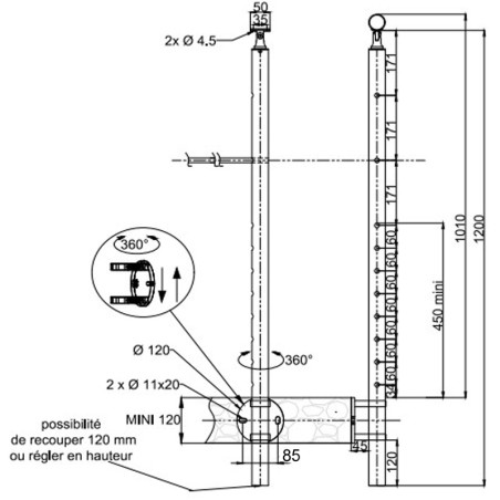 Plan coté 2 du poteau de départ de garde corps inox 316 brossé remplissage 10 barres ø 12 mm à l'anglaise