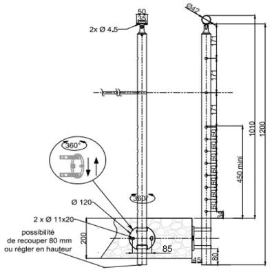 Poteau de départ de garde corps inox 304 brossé remplissage 10 barres ø 12 mm à l'anglaise Poteau de départ de garde corps inox 304 brossé remplissage 10 barres ø 12 mm à l'anglaise