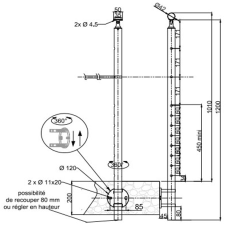 Plan coté 1 du poteau de départ de garde corps inox 316 brossé remplissage 10 barres ø 12 mm à l'anglaise