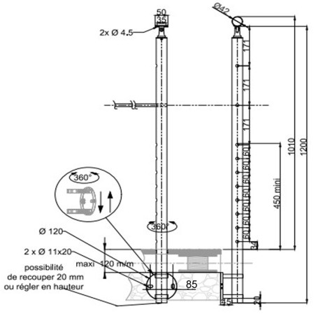 Plan coté 3 du poteau de départ de garde corps inox 316 brossé remplissage 10 barres ø 12 mm à l'anglaise