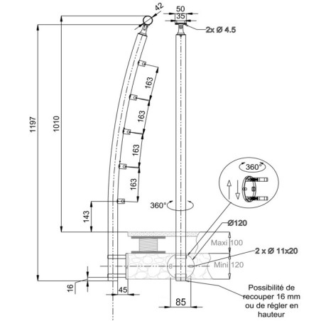 Plan coté 3 du poteau de garde corps inox Design Pont de Bâteau 5 barres à l'anglaise
