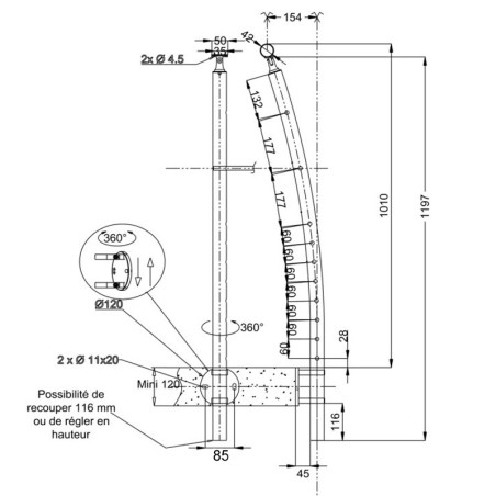 Plan coté 2 du poteau de Départ Gauche Design Pont de Bateau de garde corps inox 304 brossé 10 barres anglaise