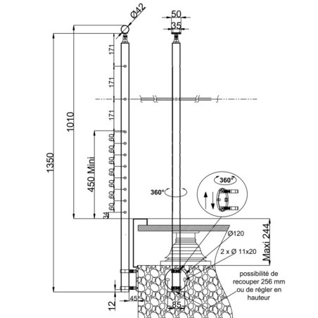 Plan coté du poteau Milieu Garde Corps Inox 304 SUR MESURE 10 barres anglaise + 15 cm platine à colliers
