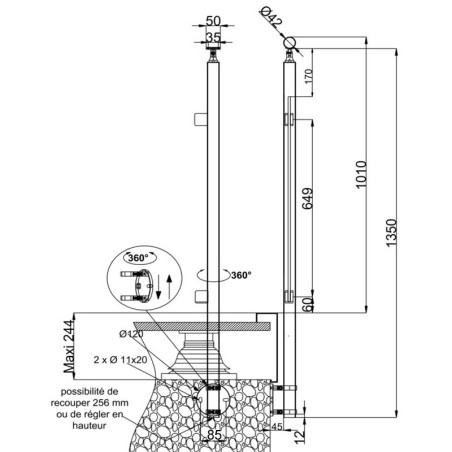 Plan coté du poteau Départ Droite Garde Corps Inox 304 SUR MESURE verre à l'anglaise + 15 cm platine à colliers