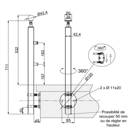 Plan coté du poteau de garde corps muret 2 lisses à l'anglaise - inox 304