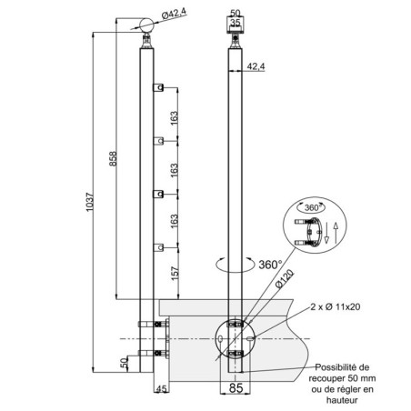 Plan coté du poteau de garde corps muret 4 lisses à l'anglaise - inox 304