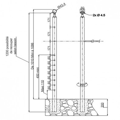 Poteau de départ de garde corps inox 304 remplissage 10 barres ø 12 mm à sceller Poteau de départ de garde corps inox 304 remplissage 10 barres ø 12 mm à sceller