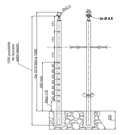 Plan coté du poteau de milieu de garde corps inox 304 remplissage 10 barres ø 12 mm à sceller
