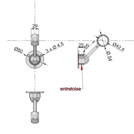 Support de main courante standard, avec bague - fixation sur débord positif du mur
