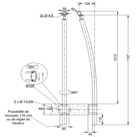 Plan coté 2 du poteau de rampe escalier extérieur cintré en inox 304, à l'anglaise