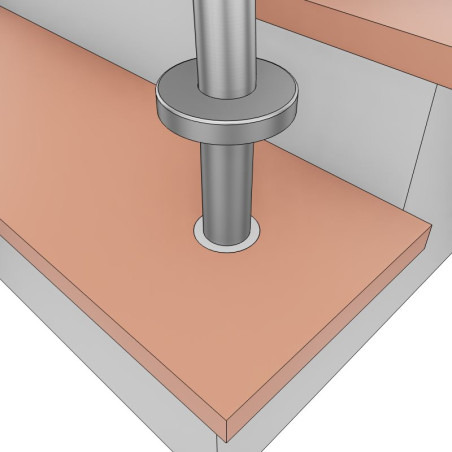 Vue détail 3D d'un cache platine sur poteau de rampe escalier extérieur cintré en inox 304, à sceller