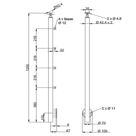 Plan coté du poteau rond de garde corps inox 4 barres à l'anglaise inox 304 brossé