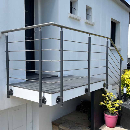 Barrière de terrasse poteaux laqués et inox, 5 barres à l'anglaise, plusieurs coloris