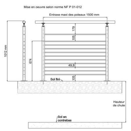 Plan coté 2 du poteau de départ de garde corps inox 316brossé remplissage 11 barres ø 12 mm