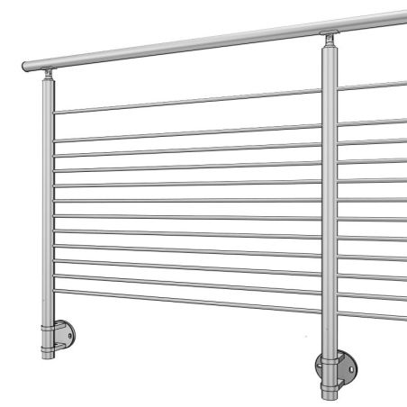 Vue perspective du poteau de départ de garde corps inox 304 brossé remplissage 12 barres ø 12 mm à l'anglaise