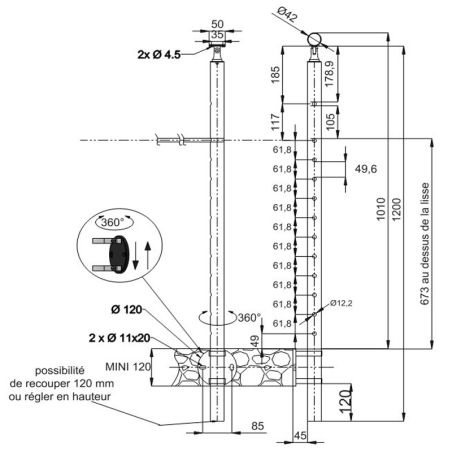 Plan coté 2 du poteau de départ de garde corps inox 316 brossé remplissage 12 barres ø 12 mm à l'anglaise