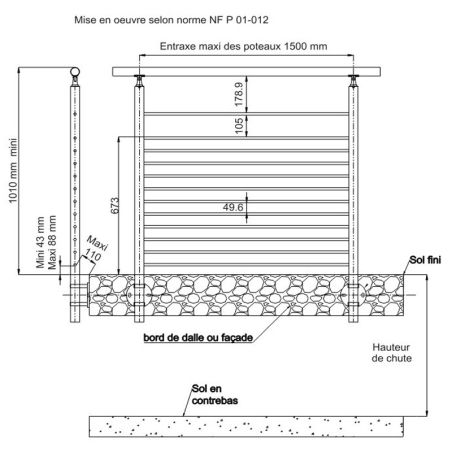 Plan coté 4 du poteau de départ de garde corps inox 316 brossé remplissage 12 barres ø 12 mm à l'anglaise