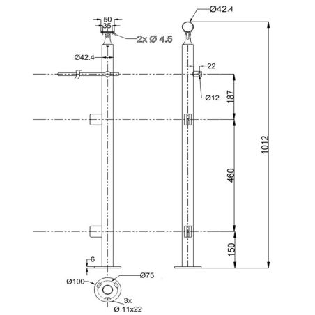 Plan coté 1 du poteau départ droite pour garde-corps verre et 1 barre inox 304