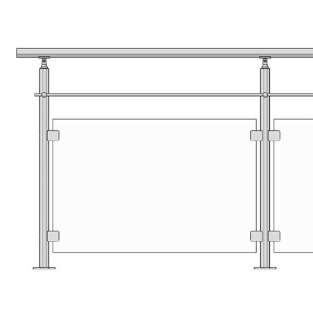 Vue garde corps avec poteau de milieu pour garde-corps verre et 1 barre inox 304