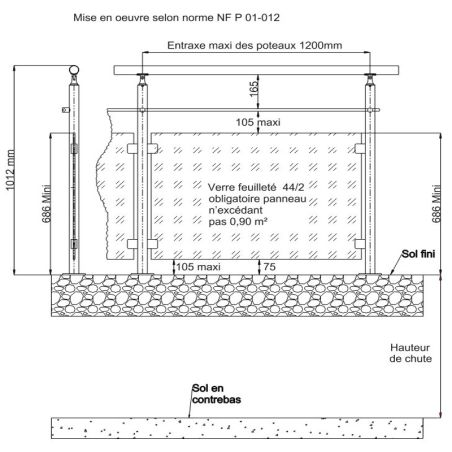 Garde corps de terrasse à verre et 1 barre à la française