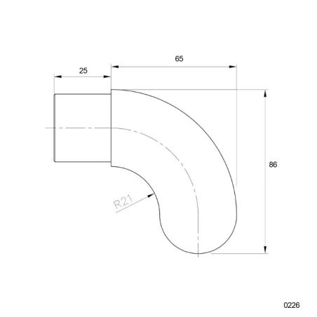 Plan coté de la crosse arrondie de chasse-roue rampe PMR inox 316 brossé 42,4 mm