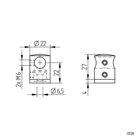 Plan coté du support de lisse ø 12 mm transversal inox 304 brossé pour support plat