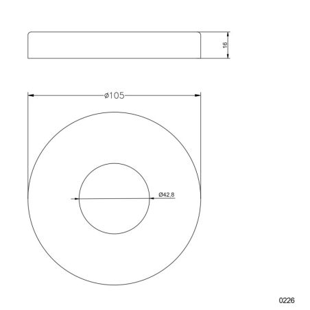 Plan coté du cache-platine ø 105mm pour tube ø 42,4mm hauteur 16mminox 304 brossé