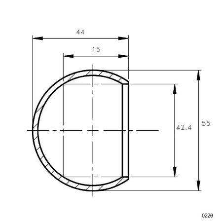 Plan coté de la terminaison de main courante ø42,4 mm en forme de boule inox 316 brossé à coller