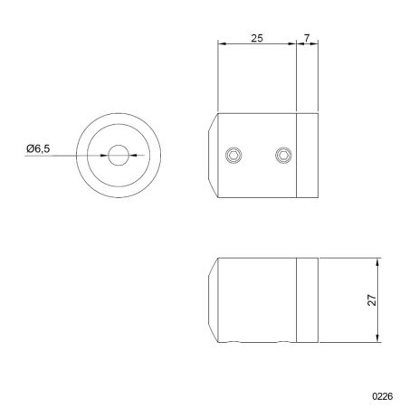 Plan coté de support de lisse ø 12 mm en 2 parties sur support plat inox 316 brossé