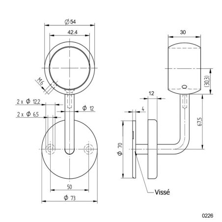 Plan coté du support de main courante inox 304 avec bague et cache platine 
