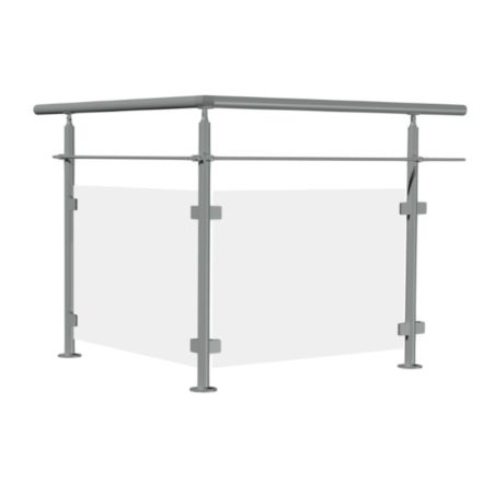 Vue 3D avec poteau d'angle à 90° pour garde-corps inox et verre, 316 brossé