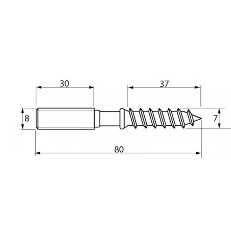 Plan coté de la vis à double filetage, M8 x 80 mm, en inox 304