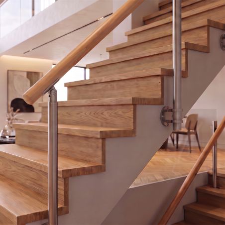 Rampe d'escalier intérieure sur poteaux à l'anglaise, en kit, en inox brossé et bois