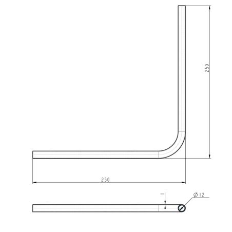 Plan coté du coude creux inox 316 brossé 250x250mm pour passage de câble diamètre 4 et 6mm dans les angles