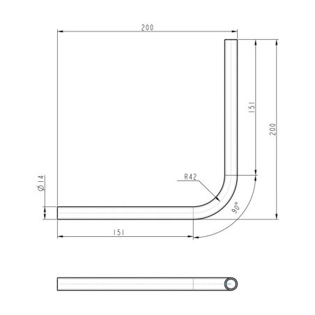 Plan coté du coude creux inox 304 brossé 200x200mm pour passage de câble diamètre 4mm dans les angles