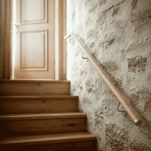 Rampe d'escalier intérieure murale et sur poteaux, en kit, en inox brossé et bois