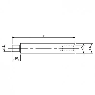 Tige 115 mm ø 14 mm filetée M8 taraudée M6 en inox 304 brossé. Tige 115 mm ø 14 mm filetée M8 taraudée M6 en inox 304 brossé.
