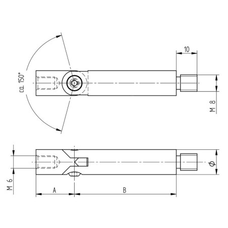 Tige articulée 66 mm ø 12 mm filetée M8 taraudée M6 inox 316 brossé.