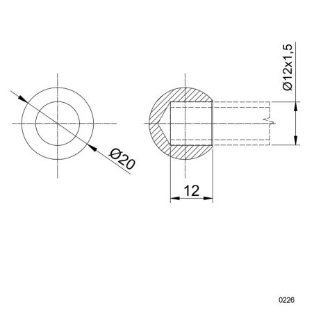 Plan coté de la boule de terminaison de lisse de garde corps inox 12 mm diamètre 20  mm, à coller