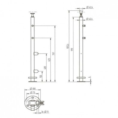 Poteau départ gauche pour verre 8,76 mm et barres 12mm inox 304 brossé Poteau départ gauche pour verre 8,76 mm et barres 12mm inox 304 brossé