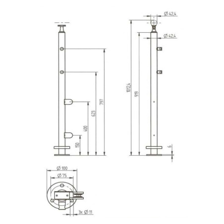 Plan coté du poteau départ gauche pour verre 8,76 mm et barres 12mm inox 304 brossé
