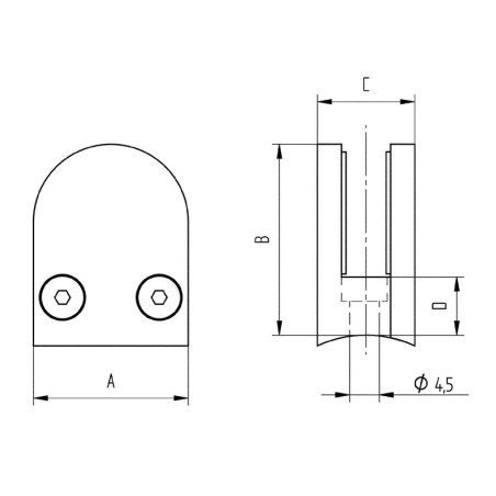 Pince à verre demi-ronde 29 x 35 mm pour tube 42,4 mm inox 304 brossé verre 6 mm