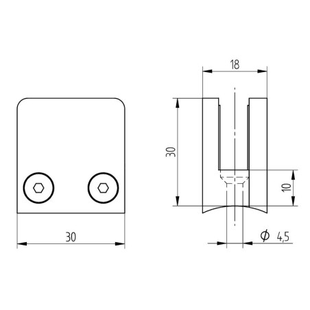 Pince à verre carrée 30 x 30 mm pour support plat inox 304 brossé verre 6 mm