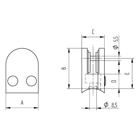 Pince à verre demi-ronde 40x50mm pour tube 42,4mm zamac finition inox verre 8,76 mm