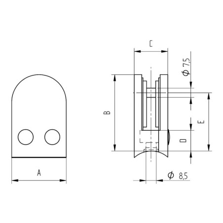 Pince à verre demi-ronde 45x63mm pour tube 42,4mm zamac finition inox verre 8,76 mm